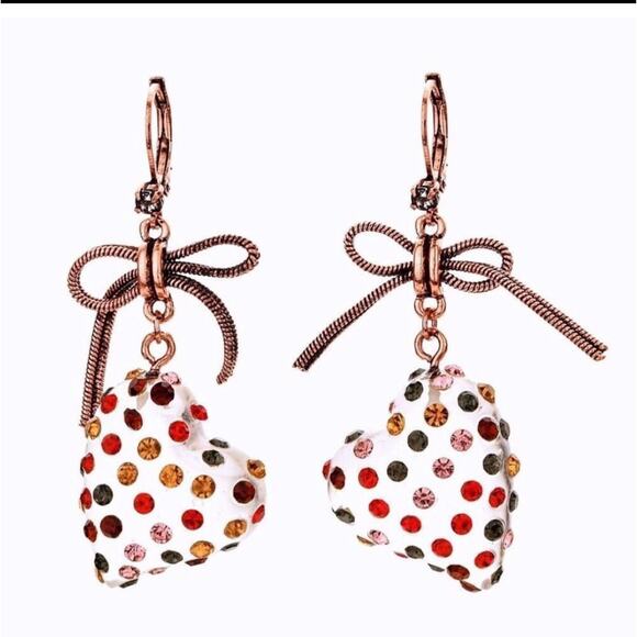 Crystal studded lucite Heart with Copper Bow Dangle Earrings NEW - Picture 4 of 4